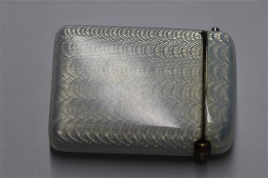 An early 20th century Faberge 88 zolotnik silver and guilloche enamel vesta case, Mikhail Yevlampievish Perchim, 42mm.